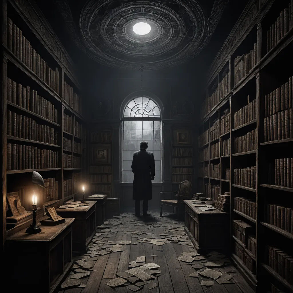 a man standing in a dark room with lots of books on the shelves and a lamp on the floor, gothic art, a storybook illustration, Dirk Crabeth, unreal engine render