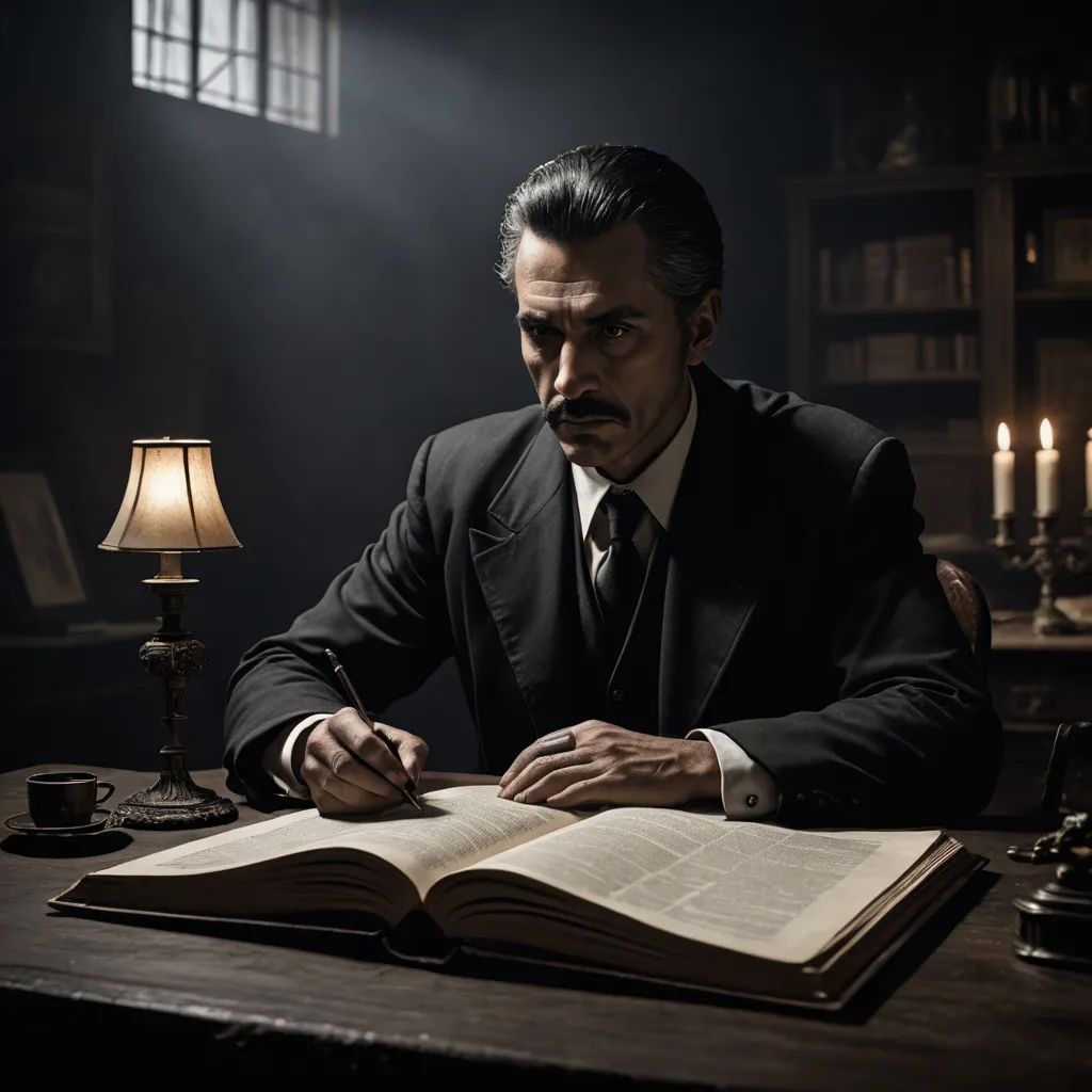 a man in a suit sitting at a desk with a book and a lamp on it, reading a book, private press, a character portrait, Alexander Jansson, promotional image