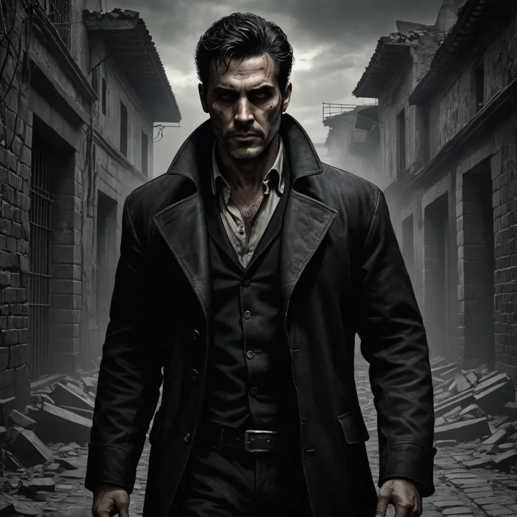 a man in a trench coat walking down a street with a gun in his hand and a building in the background, aestheticism, a character portrait, Eddie Mendoza, promotional image