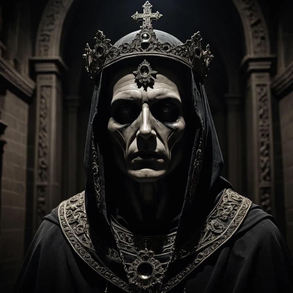 a man in a black robe and a crown on his head with a cross on his head and a cross on his forehead, gothic art, a detailed matte painting, Bastien L. Deharme, sinister