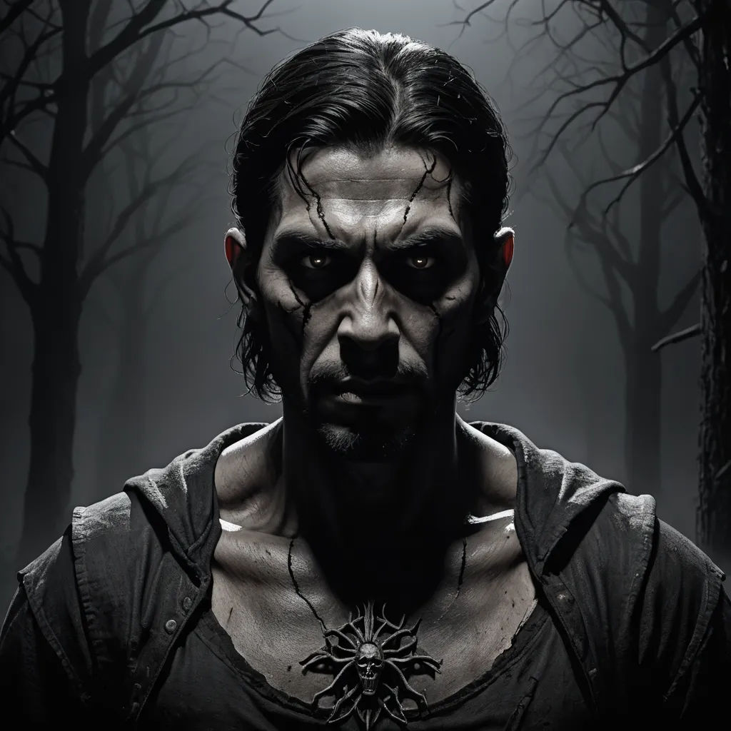 a man with a creepy face and a spider web necklace on his neck in a dark forest with trees, gothic art, a character portrait, Eddie Mendoza, promotional image