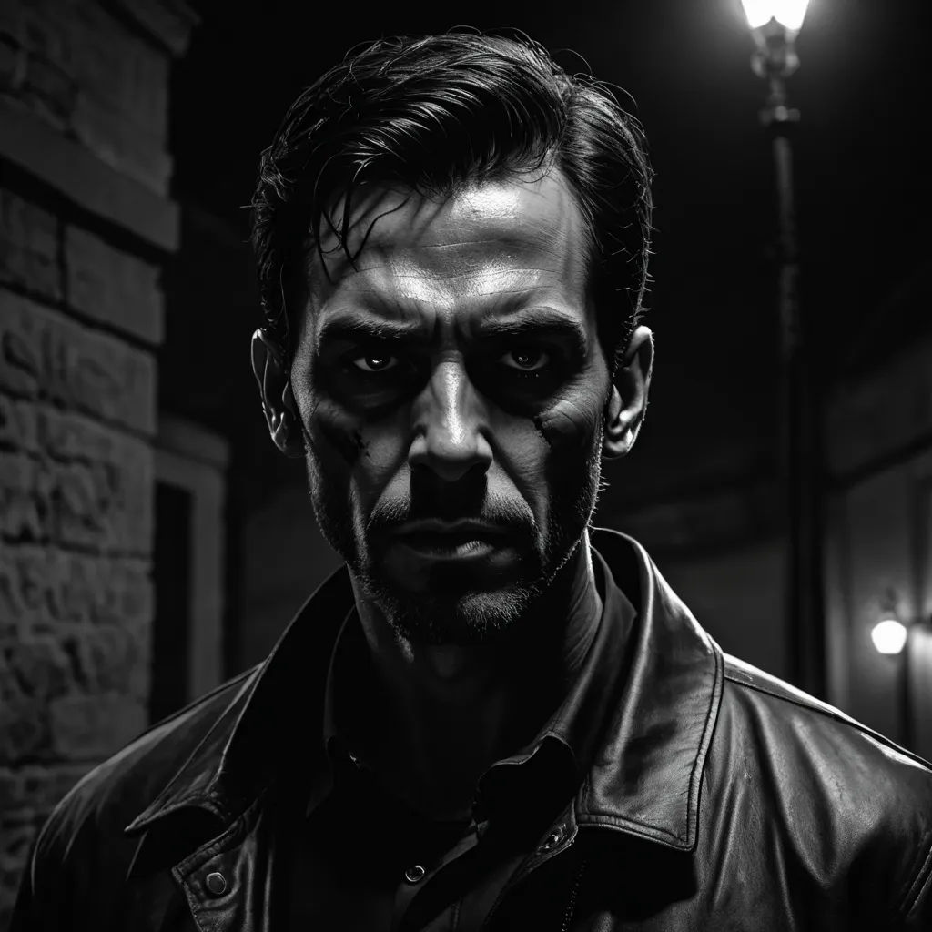 a man with a leather jacket on staring at the camera with a light on the side of the street, modern european ink painting, a black and white photo, Emiliano Ponzi, film noir