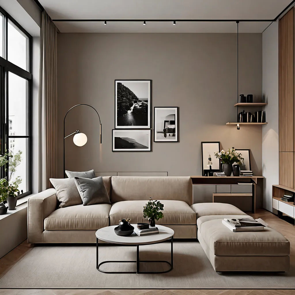a living room with a couch, coffee table, and a window with a view of the mountains outside, Arvid Nyholm, light and space, a 3D render, neutral dull colors