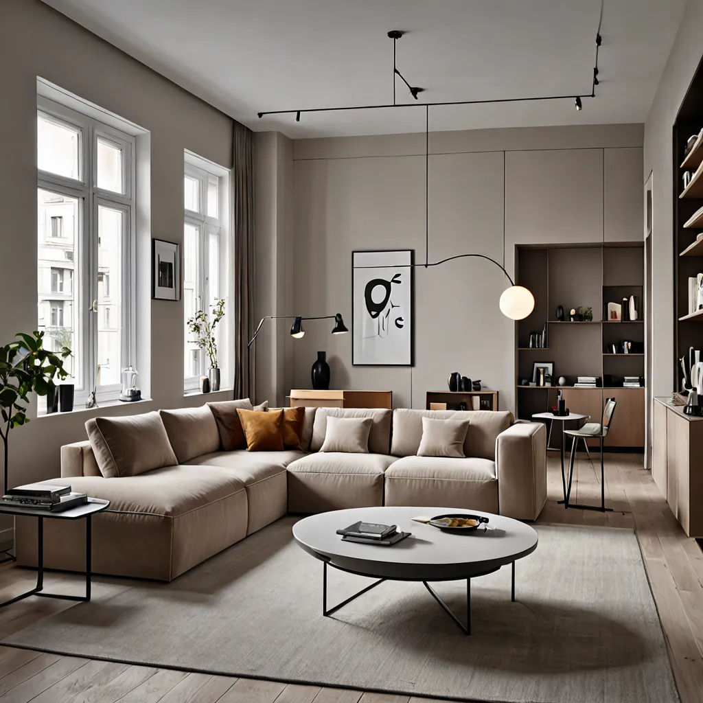 a living room with a sectional couch and a coffee table in it and a book shelf on the wall, Christian Hilfgott Brand, modern european ink painting, a digital rendering, neutral dull colors