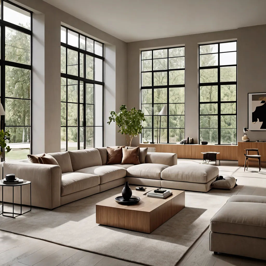 a living room with a large sectional couch and a coffee table in front of large windows with large windows, Christian Hilfgott Brand, light and space, a digital rendering, unreal engine render