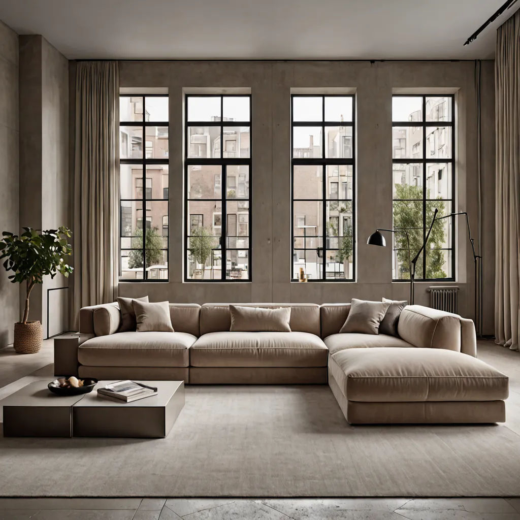 a living room with a large sectional couch and a coffee table in front of three windows with city view, David Chipperfield, light and space, a digital rendering, neutral dull colors