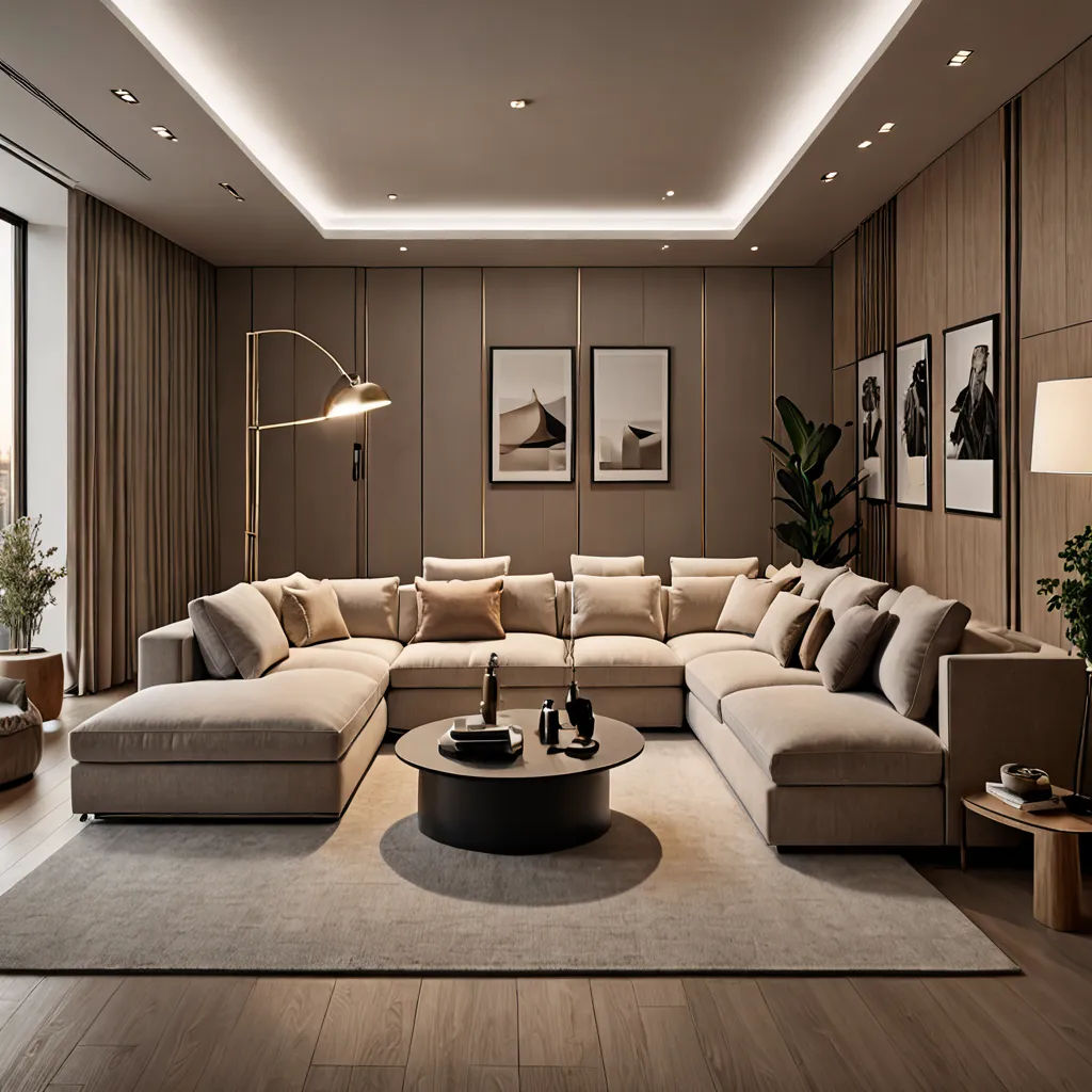 a living room with a large sectional couch and a table with a bottle of wine on it and a large window, Enguerrand Quarton, light and space, a digital rendering, muted colors