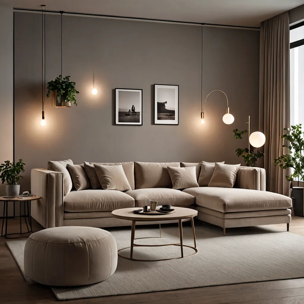 a living room with a couch, ottoman and a table with a plant on it and a window in the background, Christian Hilfgott Brand, light and space, a 3D render, neutral dull colors