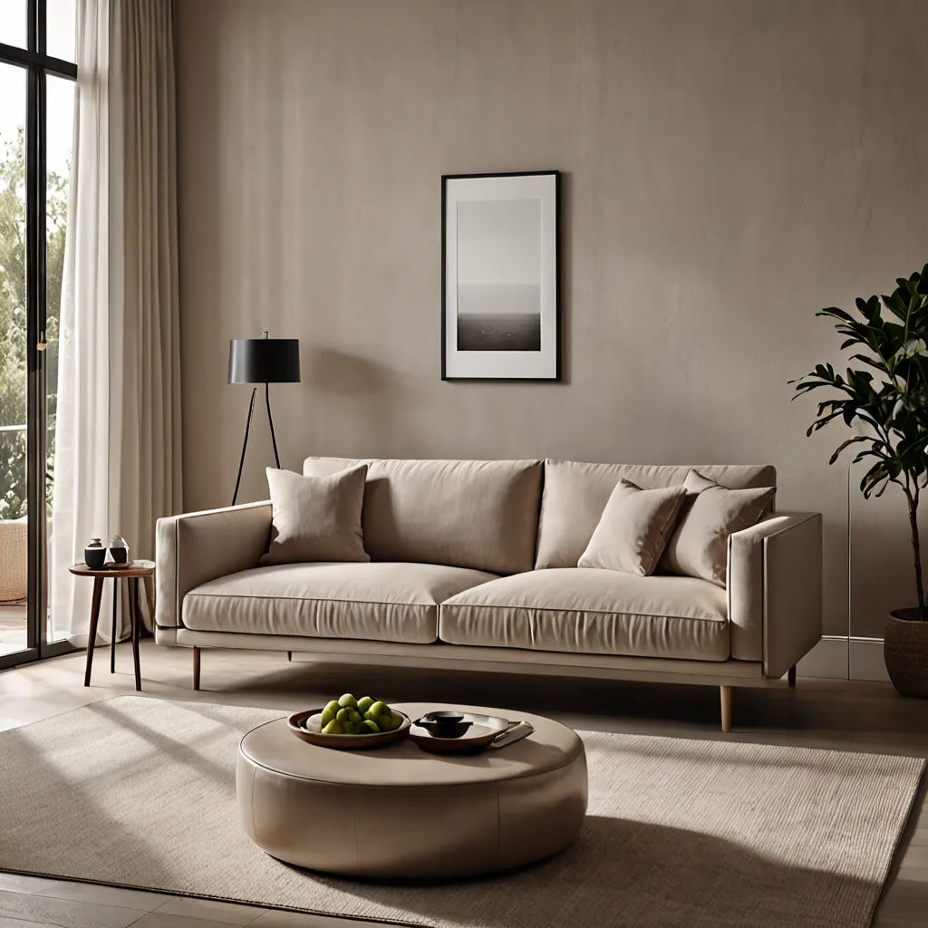 a living room with a couch and a coffee table in it and a large window with a view of the outside, Christian Hilfgott Brand, modern european ink painting, an ultrafine detailed painting, neutral dull colors