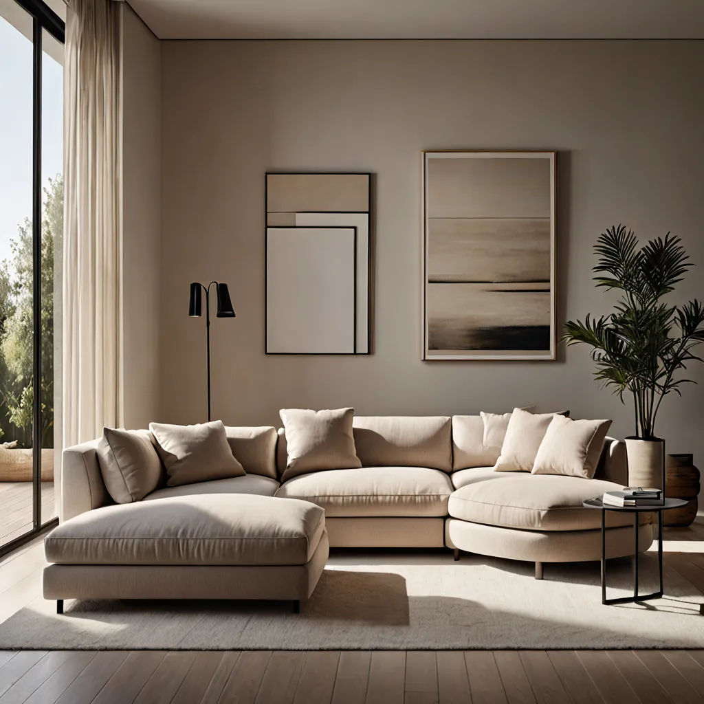 a living room with a large sectional couch and a large window with a view of the outdoors outside of the room, Alesso Baldovinetti, modern european ink painting, an ultrafine detailed painting, neutral dull colors