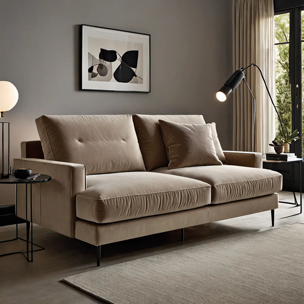 a living room with a couch and a lamp on the wall and a painting on the wall behind it, Christian Hilfgott Brand, postminimalism, an ultrafine detailed painting, neutral dull colors