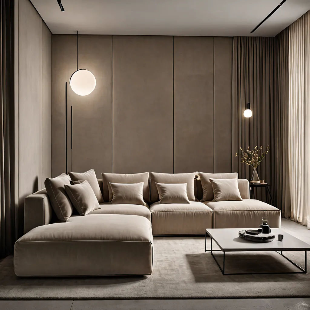 a living room with a large sectional couch and a coffee table in front of a window with curtains on the side, Alesso Baldovinetti, light and space, an ultrafine detailed painting, neutral dull colors