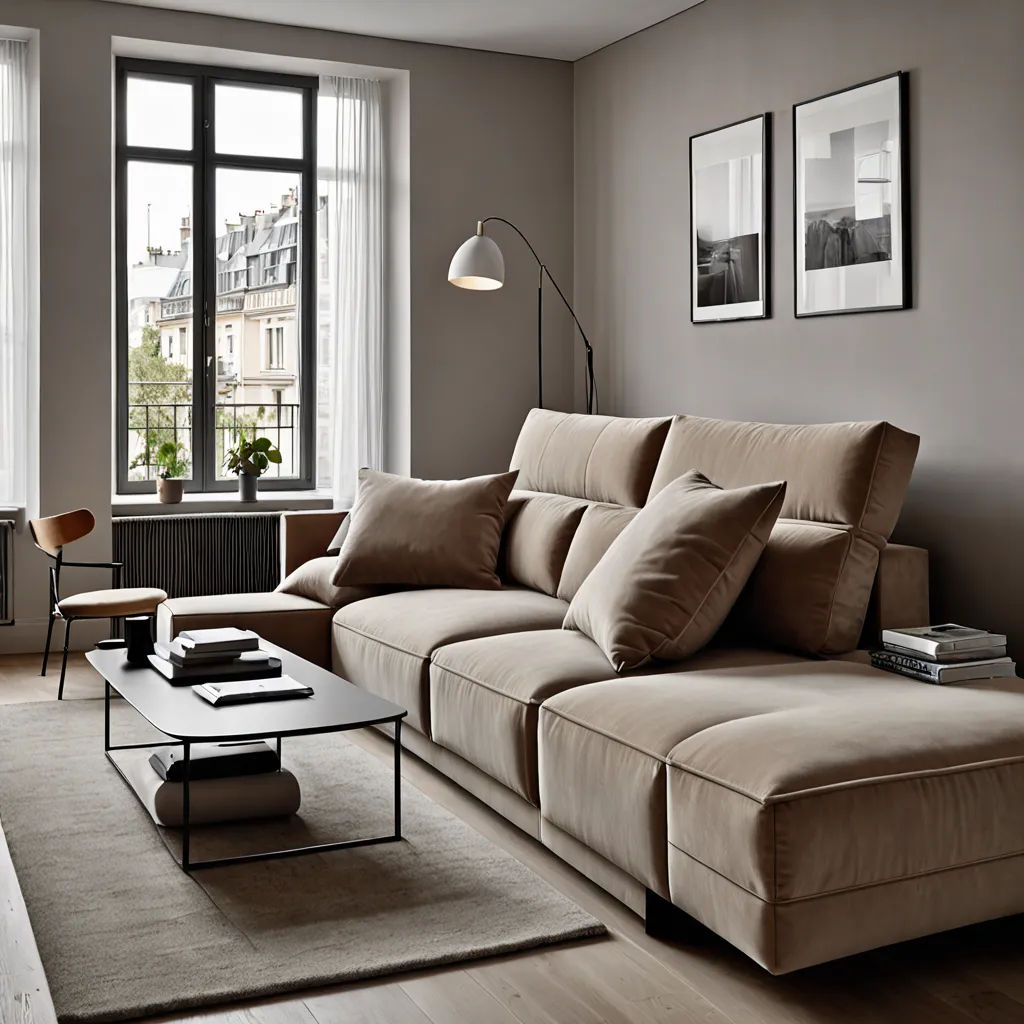 a living room with a couch, coffee table and a window with a view of the city outside of it, Christian Hilfgott Brand, photorealism, a digital rendering, neutral dull colors