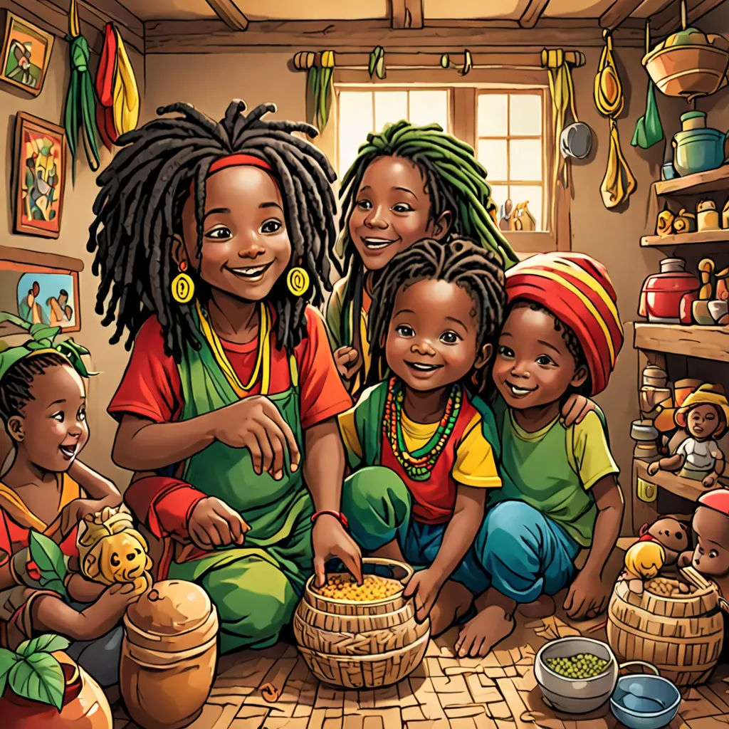 a group of children sitting around a basket of food in a room with a window and a picture of a woman, les nabis, a storybook illustration, Ella Guru, roots