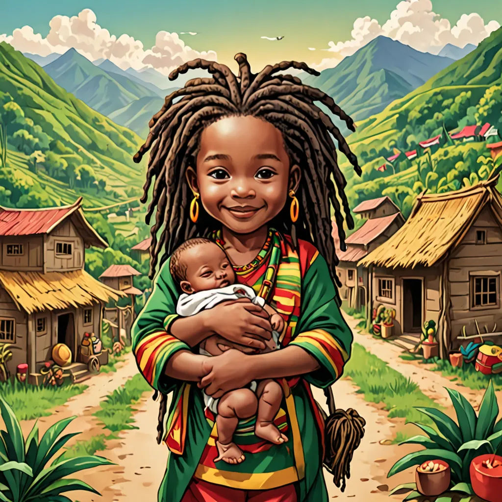 a cartoon of a woman holding a baby in her arms and smiling at the camera with a village in the background, afrofuturism, a storybook illustration, Ella Guru, highly detailed digital painting