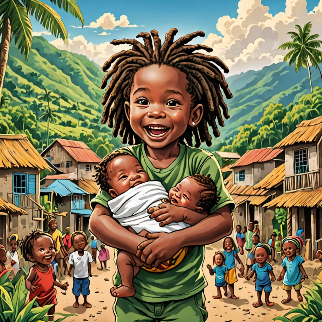 a painting of a child holding a baby in a village with a mountain background and a group of children, afrofuturism, a storybook illustration, Cedric Seaut (Keos Masons), storybook illustration