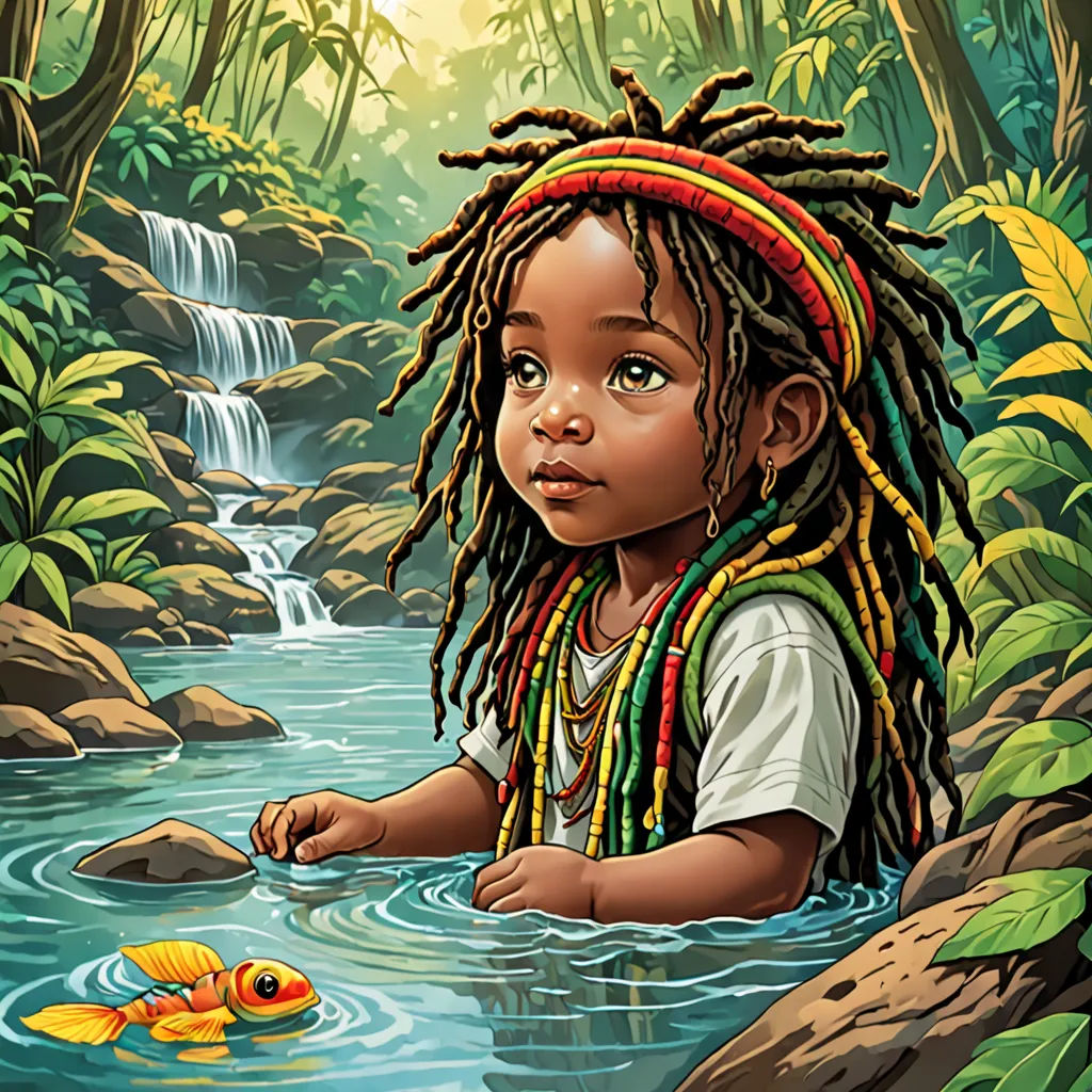 a painting of a child with dreadlocks in a river with a fish in it and a waterfall in the background, computer art, computer graphics, Cliff Childs, highly detailed digital painting