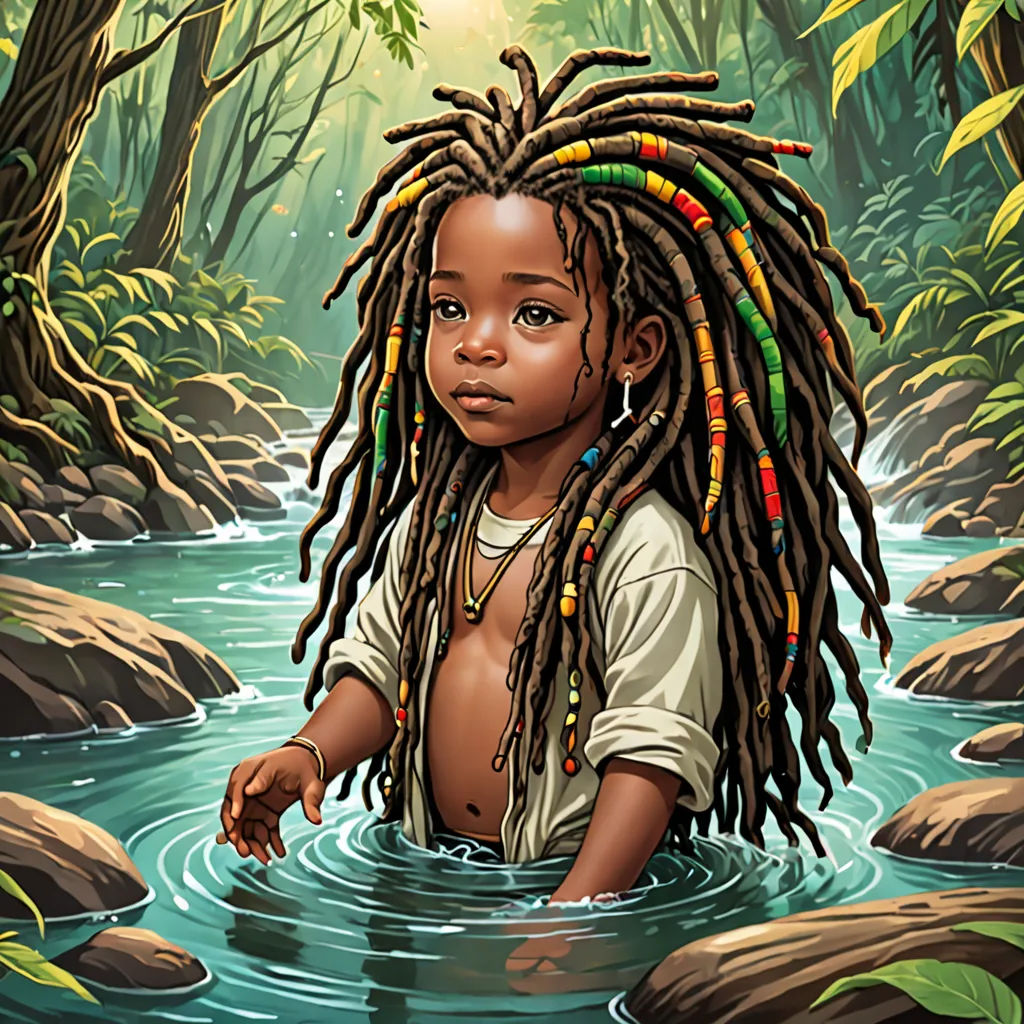 a painting of a young girl with dreadlocks in a river with rocks and trees in the background, fantasy art, a character portrait, Americo Makk, roots