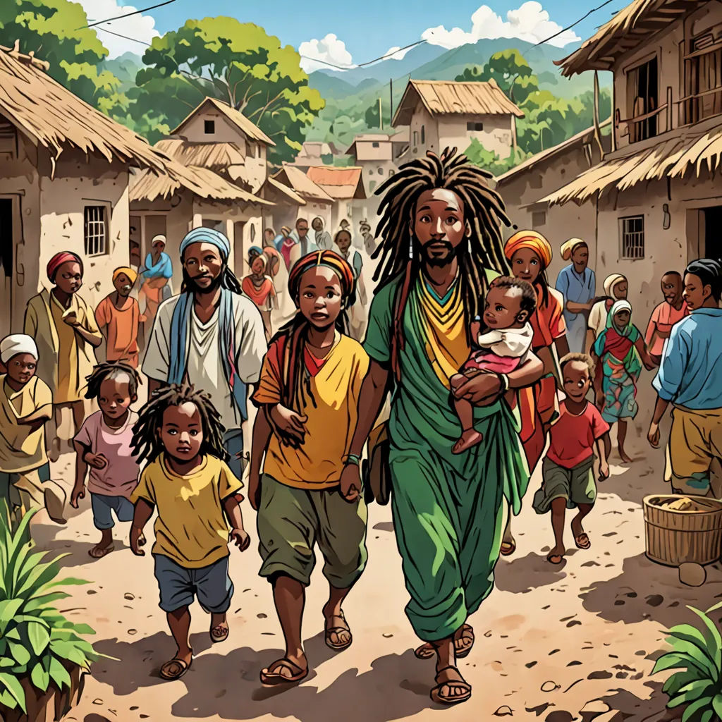 a painting of a man walking with a child in his arms in front of a village with people and a dog, les nabis, a storybook illustration, Asaf Hanuka, graphic novel
