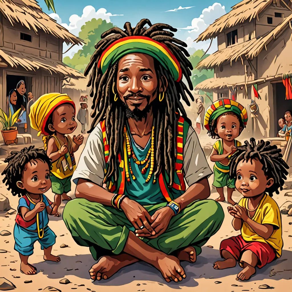 a man with dreadlocks sitting in front of a group of children in a village with thatched huts, les nabis, a storybook illustration, Cliff Childs, roots