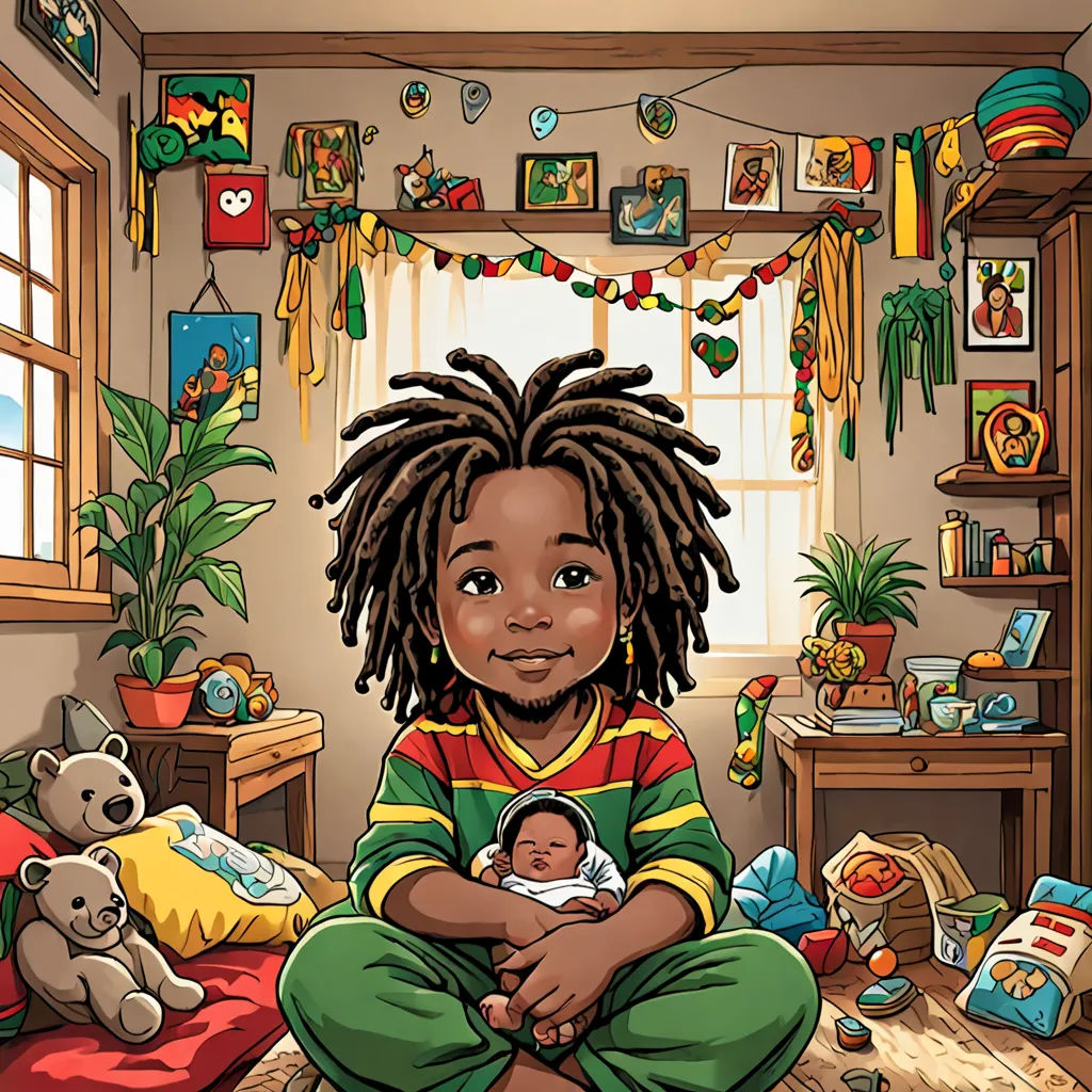 a cartoon of a child with dreadlocks holding a baby in a bedroom with toys and a teddy bear, afrofuturism, a storybook illustration, Ella Guru, roots