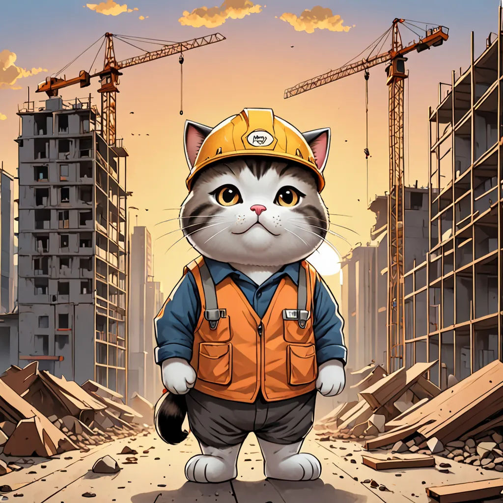 a cat in a construction suit standing in front of a building site with a construction helmet on his head, furry art, a storybook illustration, Chris LaBrooy, official art