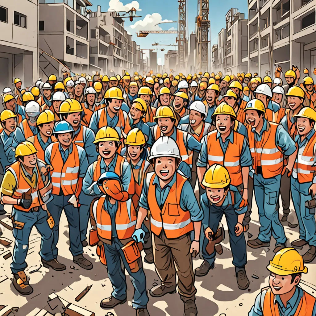 a group of construction workers standing in a large group of buildings with a crane in the background and a man in the foreground, socialist realism, a comic book panel, Asaf Hanuka, detailed illustration