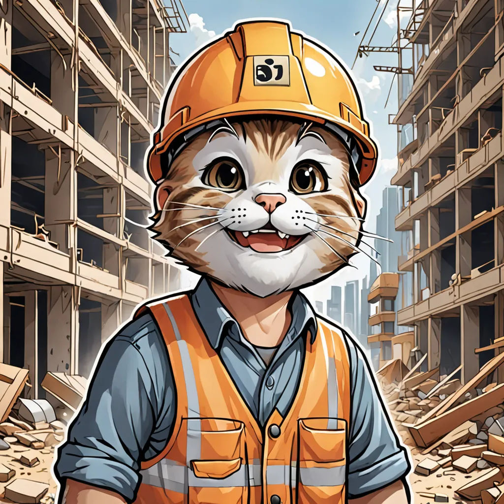a cat wearing a hard hat and a construction worker uniform in a construction area with a building site in the background, sots art, a character portrait, Andrey Esionov, official art