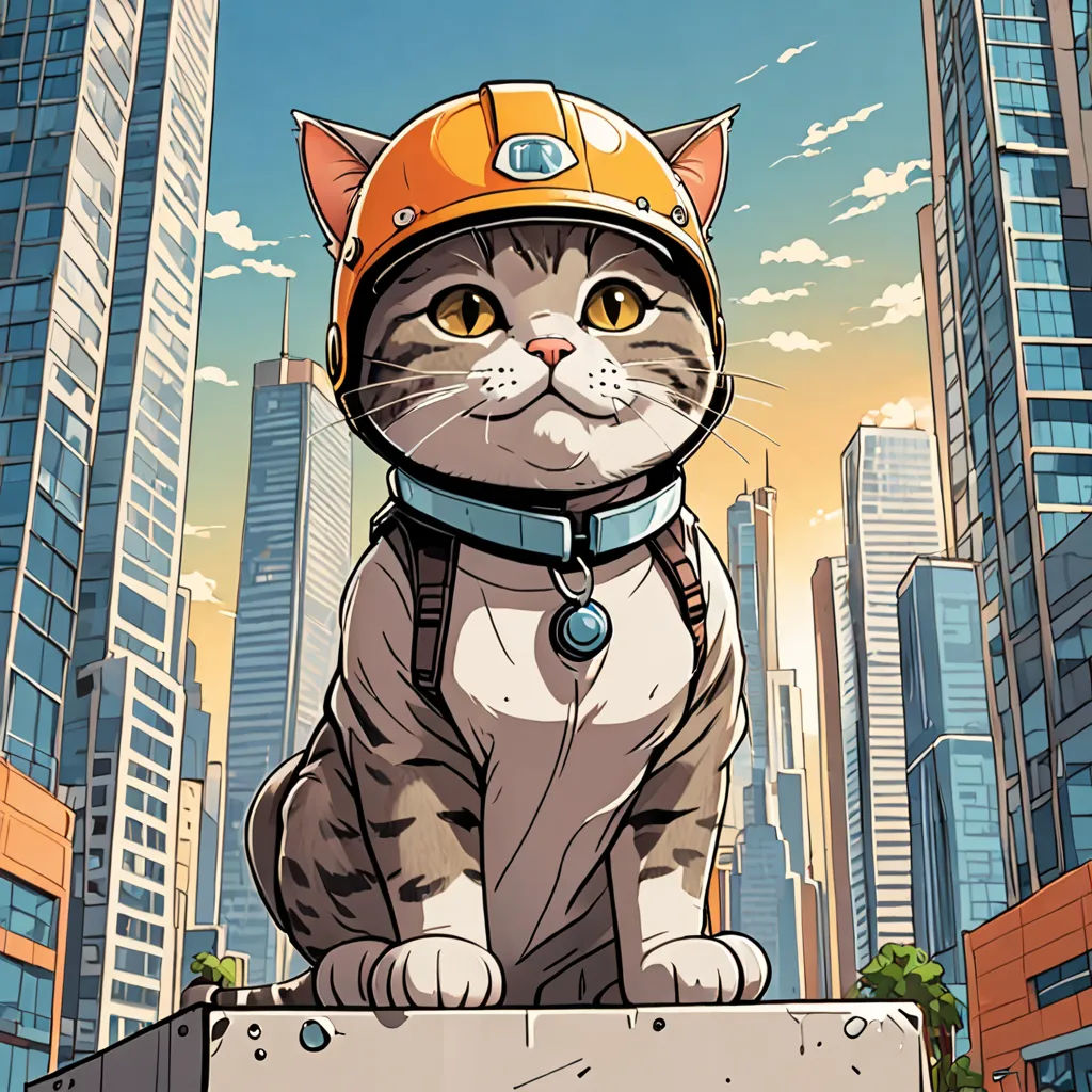 a cat wearing a helmet sitting on top of a box in a cityscape with skyscrapers in the background, sots art, a character portrait, Chris LaBrooy, official art