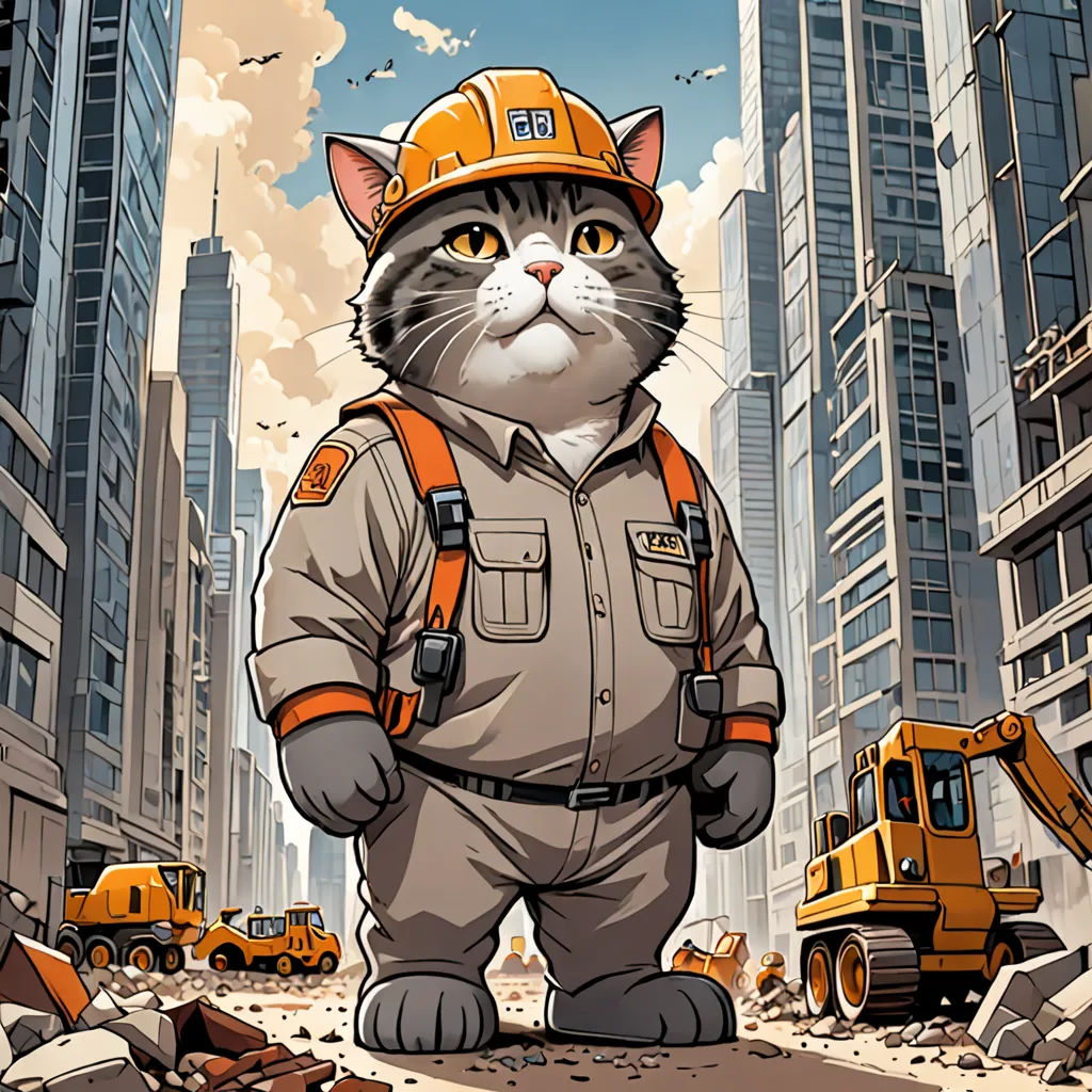 a cat in a construction suit standing in a construction area with a construction truck in the background and a construction worker in the foreground, furry art, a character portrait, Chris LaBrooy, official art