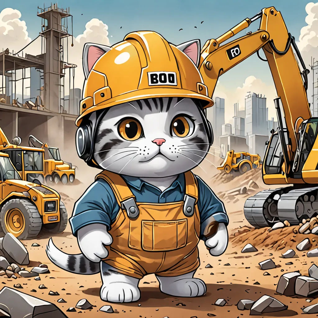 a cat in a construction site with a construction machine in the background and a construction worker in the foreground, furry art, a storybook illustration, Diego Gisbert Llorens, official art