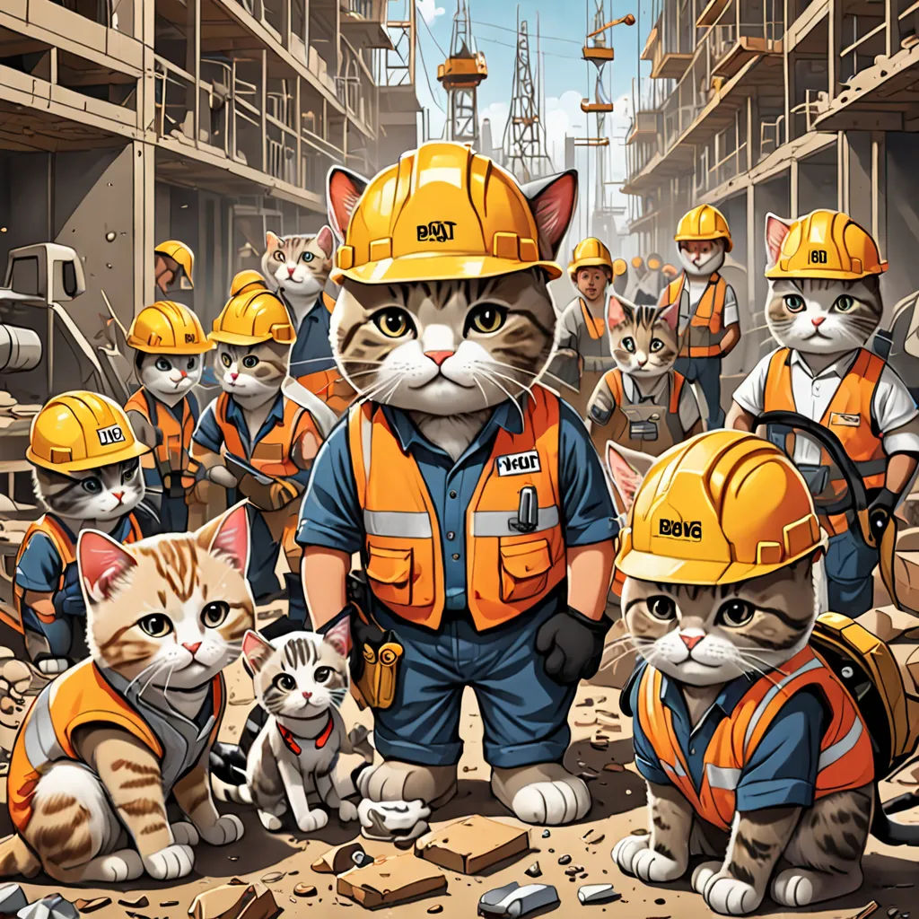 a group of cats in construction gear standing next to each other in a construction area with a cat in the middle, furry art, a detailed drawing, Carlos Catasse, highly detailed digital art