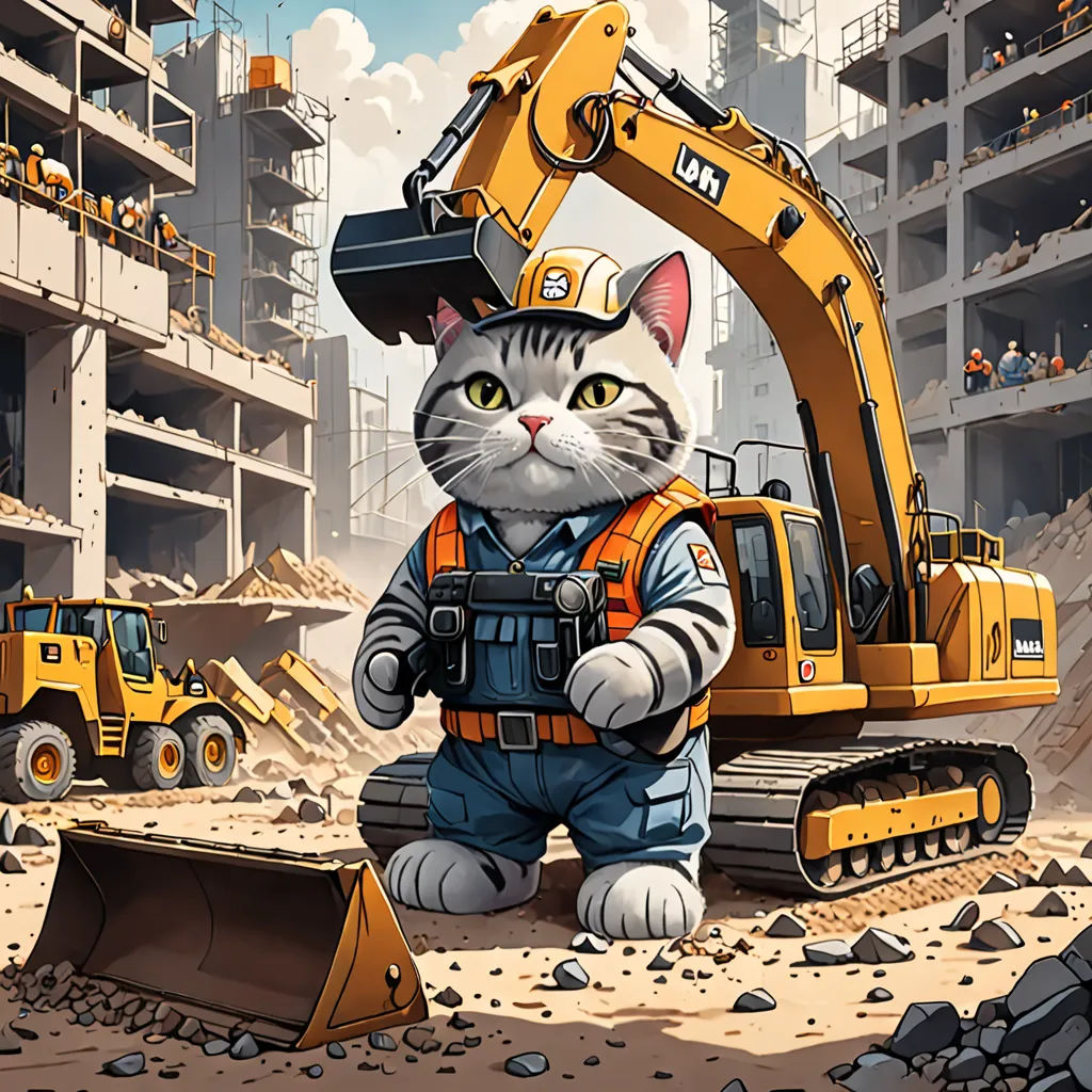 a cat in a construction site with a bulldozer and a shovel in the background, with a construction worker in the foreground, furry art, a storybook illustration, Chris LaBrooy, highly detailed digital painting