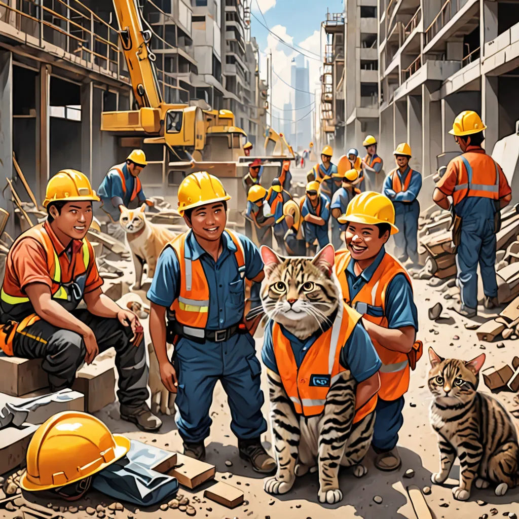 a group of men standing next to a cat on a construction site with a cat in front of them, furry art, a storybook illustration, Chris LaBrooy, furaffinity