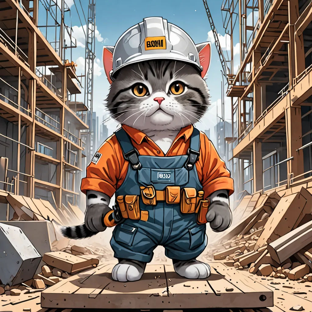 a cat in a construction suit standing on a piece of wood in a construction area with a helmet on, furry art, a digital rendering, Chris LaBrooy, highly detailed digital art
