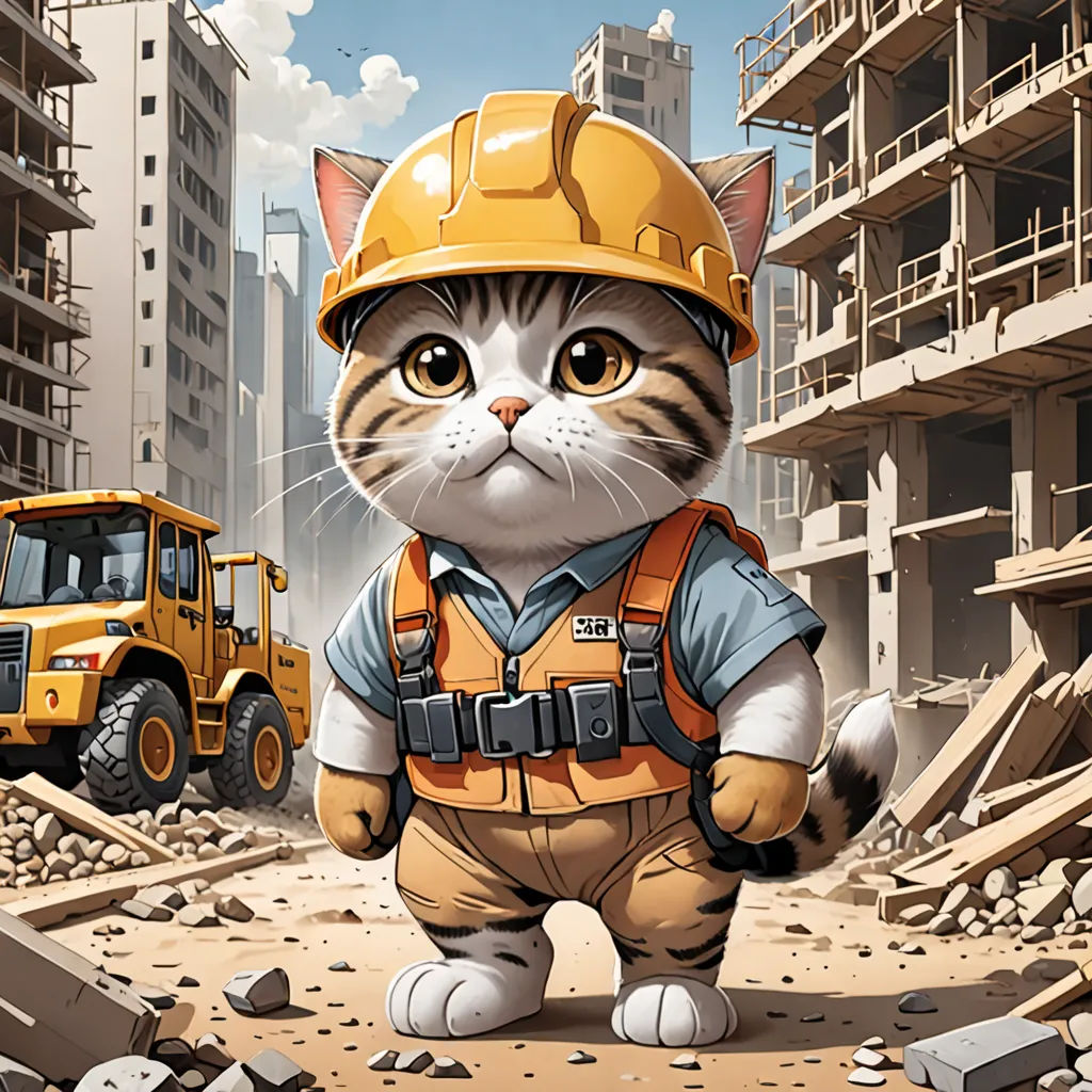 a cat in a construction site with a construction truck in the background and a construction worker in the foreground, furry art, a digital rendering, Chris LaBrooy, highly detailed digital painting