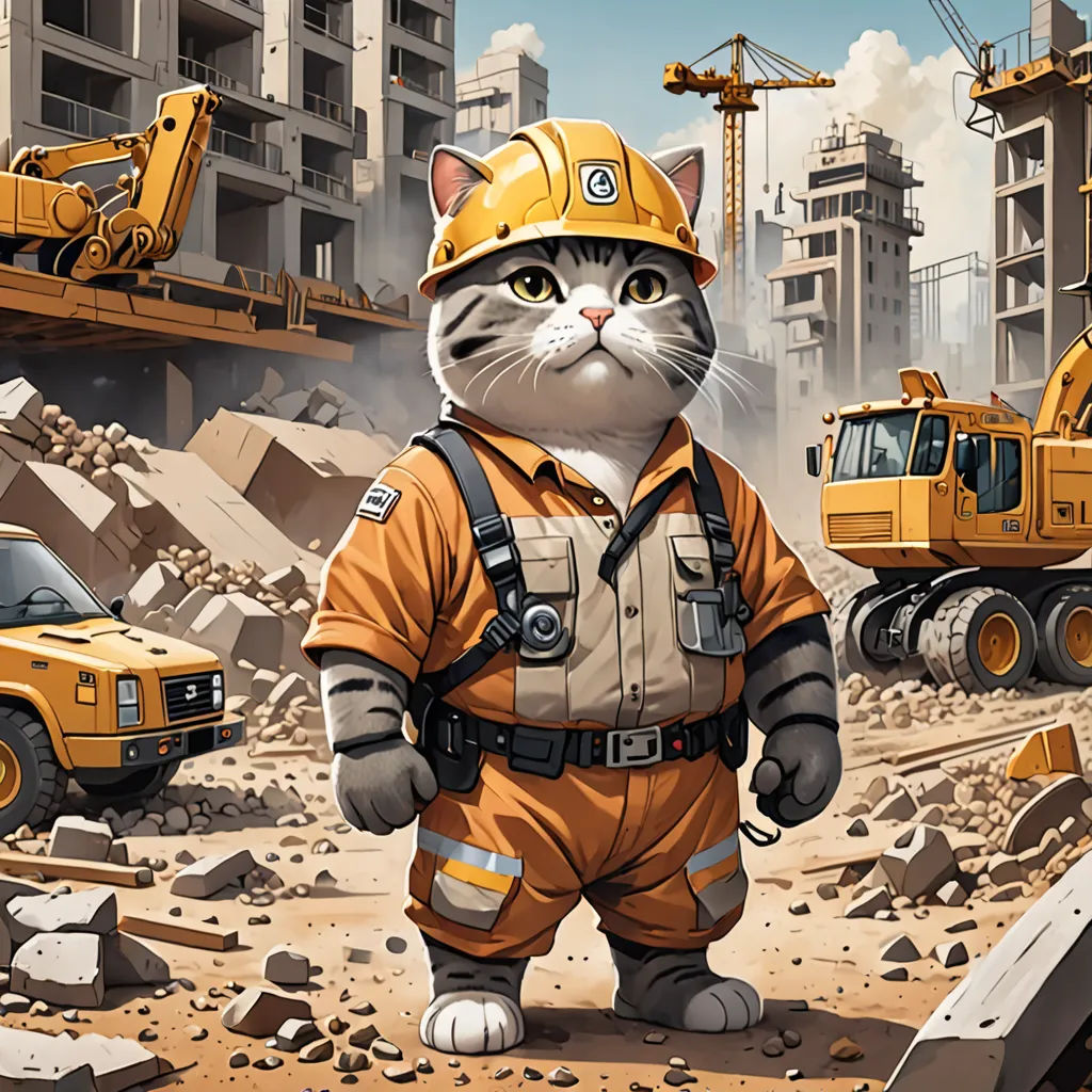 a cat in a construction suit standing in front of a construction site with a construction truck and a construction vehicle, furry art, a storybook illustration, Chris LaBrooy, highly detailed digital painting