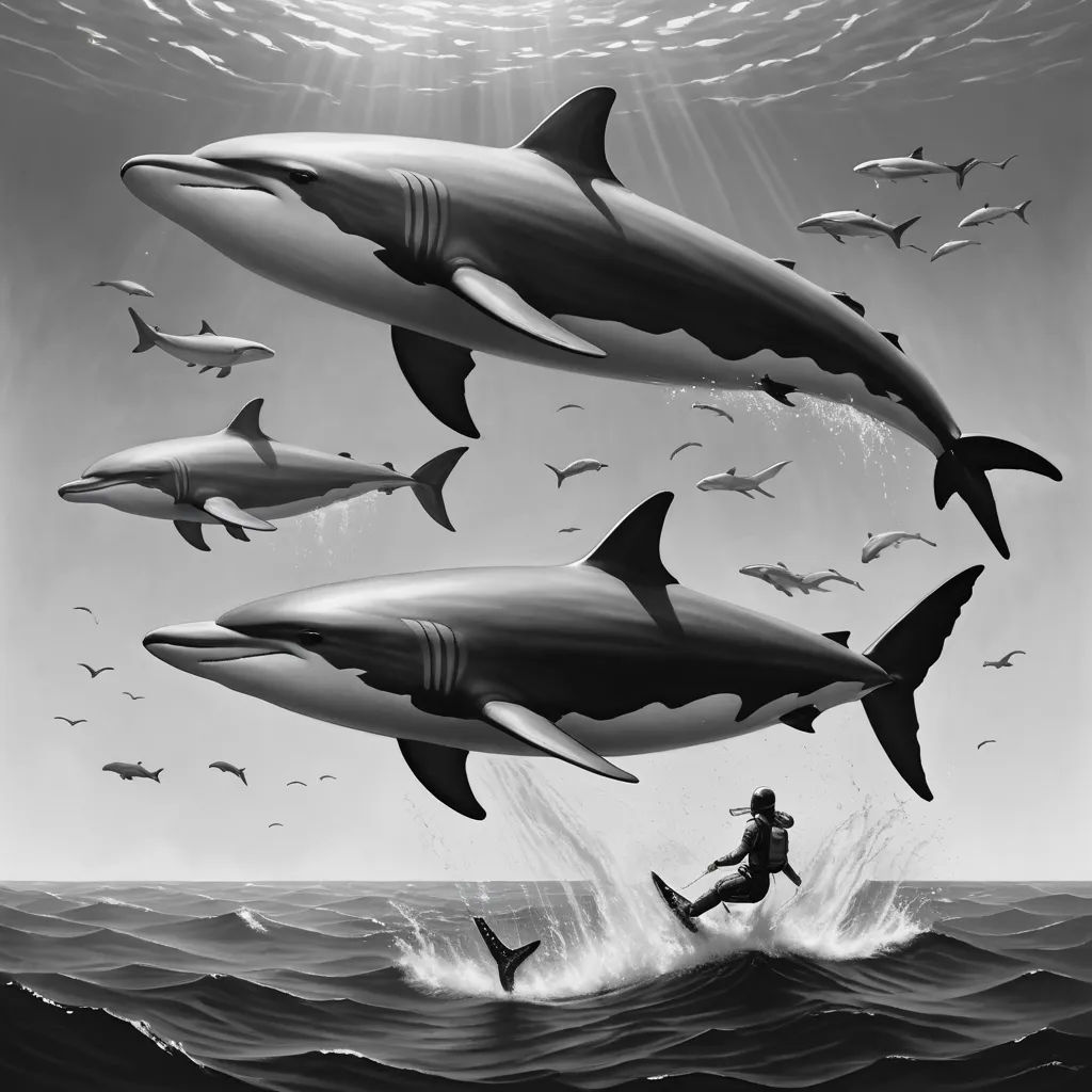 a man is riding a surfboard in front of a group of sharks in the ocean with a man swimming in the water, modern european ink painting, an ultrafine detailed painting, Dan Hillier, extreme illustration