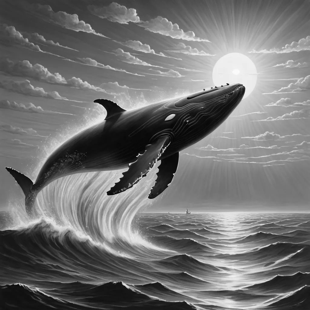 a whale jumping out of the water with a sun in the background and clouds in the sky above it, rayonism, an airbrush painting, Dan Hillier, extreme illustration