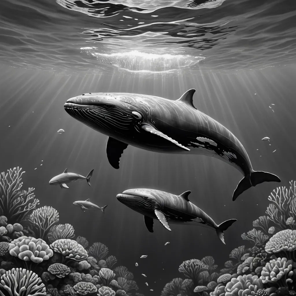 a couple of dolphins swimming in the ocean next to a coral reef with fish swimming around them and a sunbeam, rayonism, an ultrafine detailed painting, Dan Hillier, highly detailed digital painting
