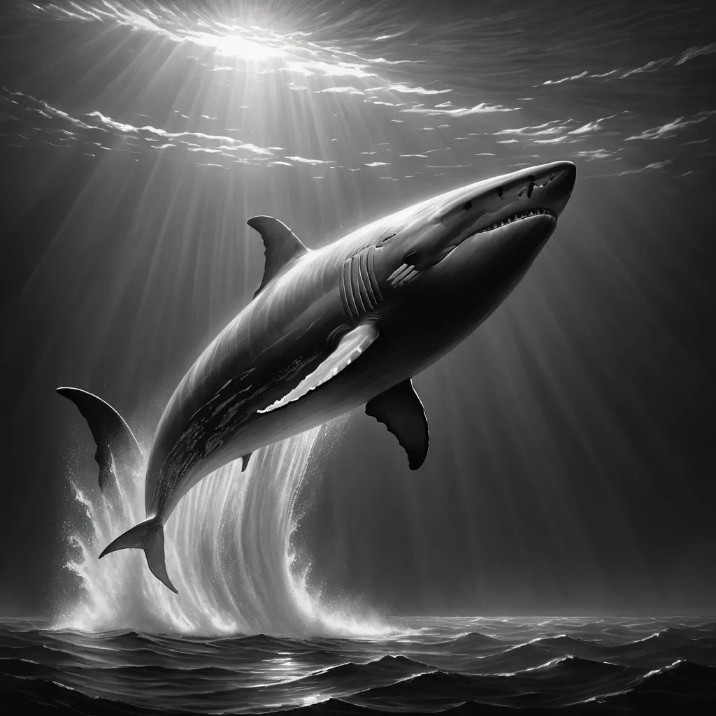 a black and white photo of a shark and a dolphin swimming in the ocean with sunbeams above, fantastic realism, an airbrush painting, Cyril Rolando, highly detailed digital painting
