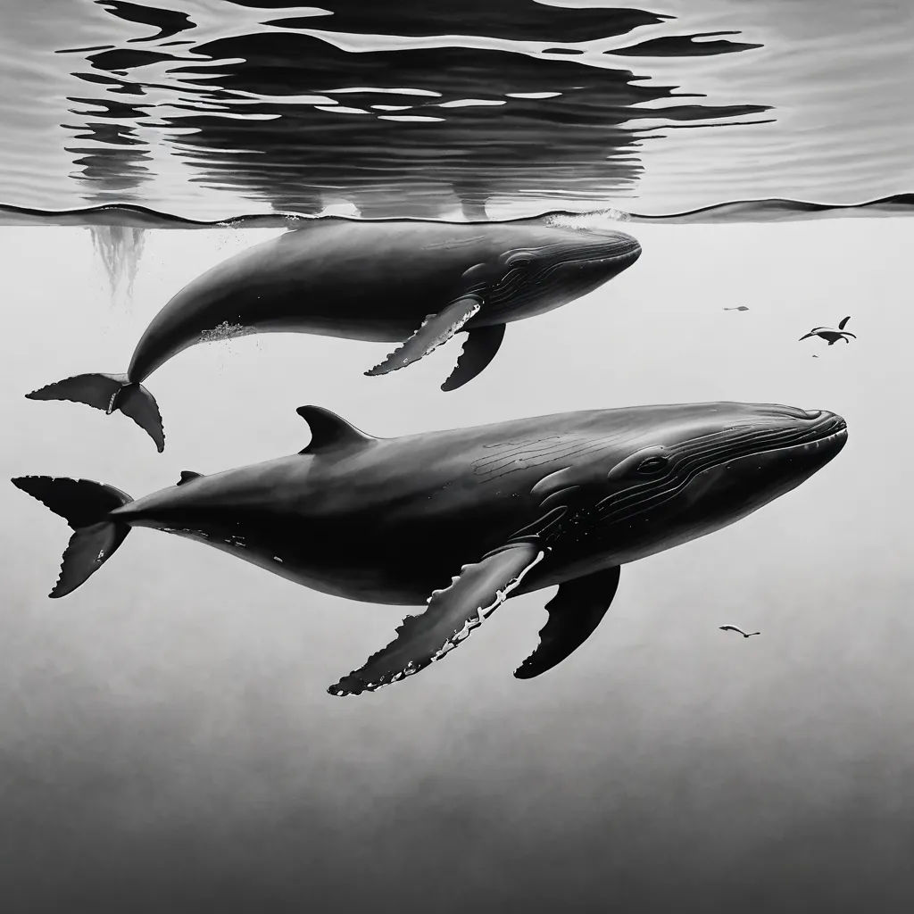 two dolphins swimming in the water with a bird flying above them and a bird flying above them in the water, photorealism, a digital painting, Cyril Rolando, ultra realistic illustration