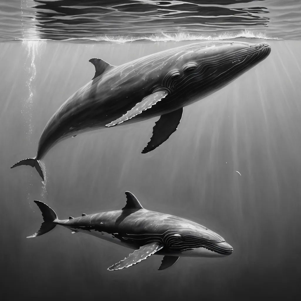 two dolphins swimming in the ocean with a sunbeam in the background and a black and white photo of them, photorealism, a digital painting, Dan Hillier, highly detailed digital painting