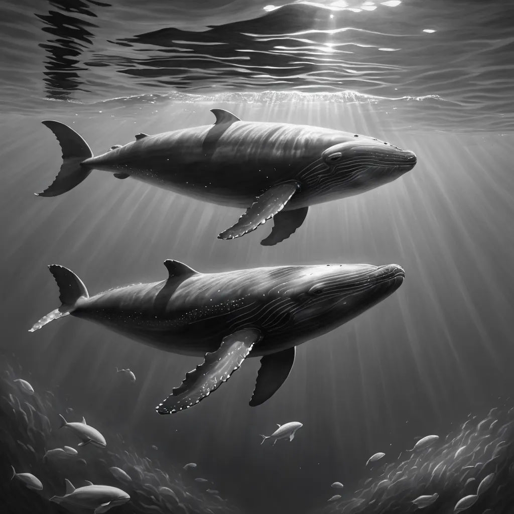 two dolphins swimming in the ocean with a lot of fish around them and sunlight shining through the water's surface, photorealism, an airbrush painting, Dan Hillier, highly detailed digital painting