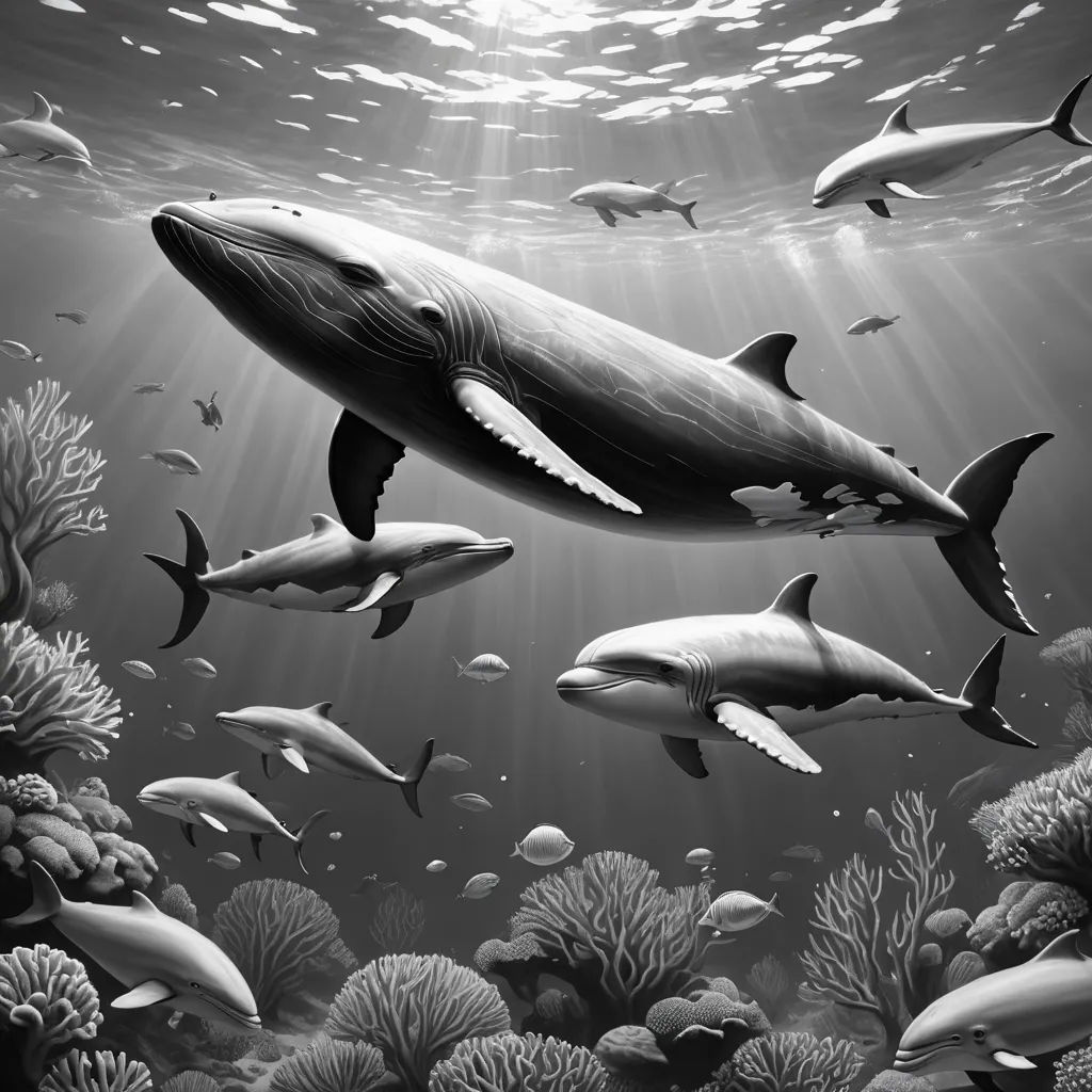a group of dolphins swimming in the ocean with corals and seaweeds around them, with sunlight streaming through the water, photorealism, an ambient occlusion render, David Martin, highly detailed digital painting