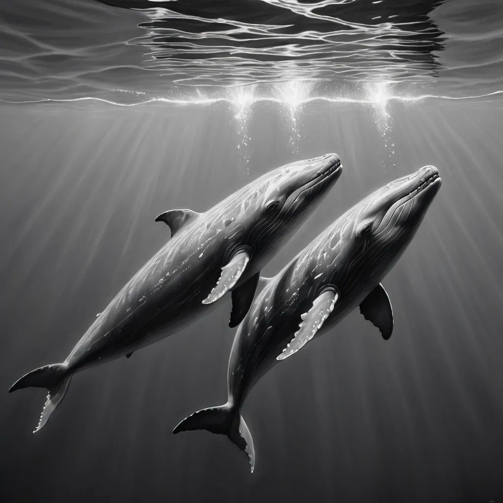 two dolphins swimming in the ocean with sunlight shining through the water's surface and a light beam above them, rayonism, a digital painting, David Martin, highly detailed digital painting