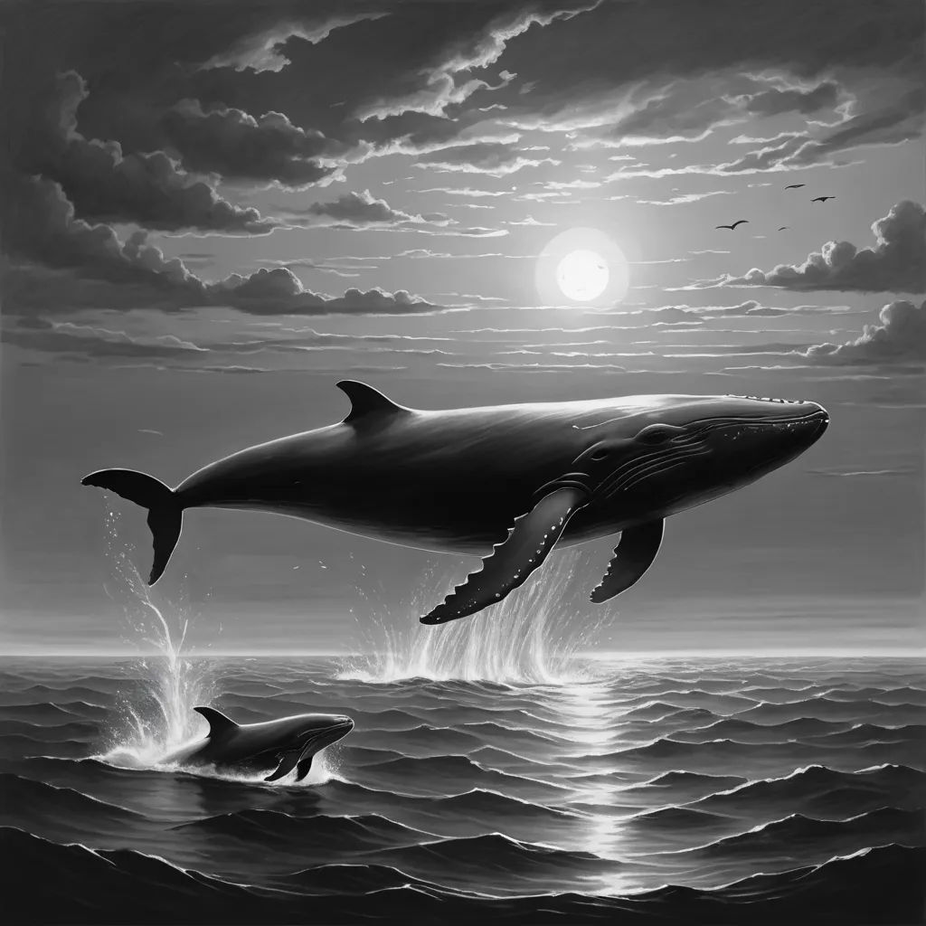 a whale and a dolphin jump out of the water at night with the moon in the background and clouds, pop surrealism, an airbrush painting, Dan Hillier, extreme illustration