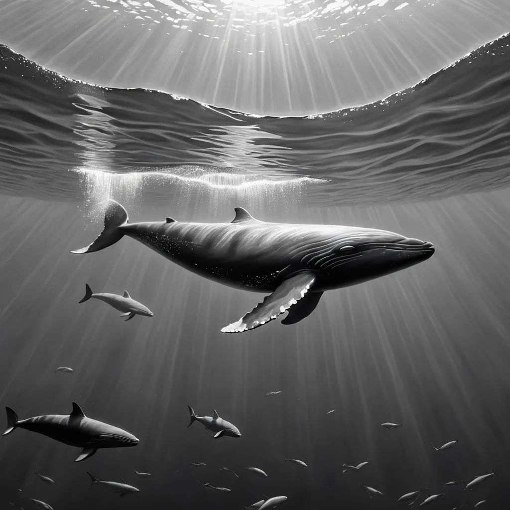 a whale swimming in the ocean with a lot of fish around it's neck and a sunbeam above it, photorealism, a photorealistic painting, David Martin, highly detailed digital painting