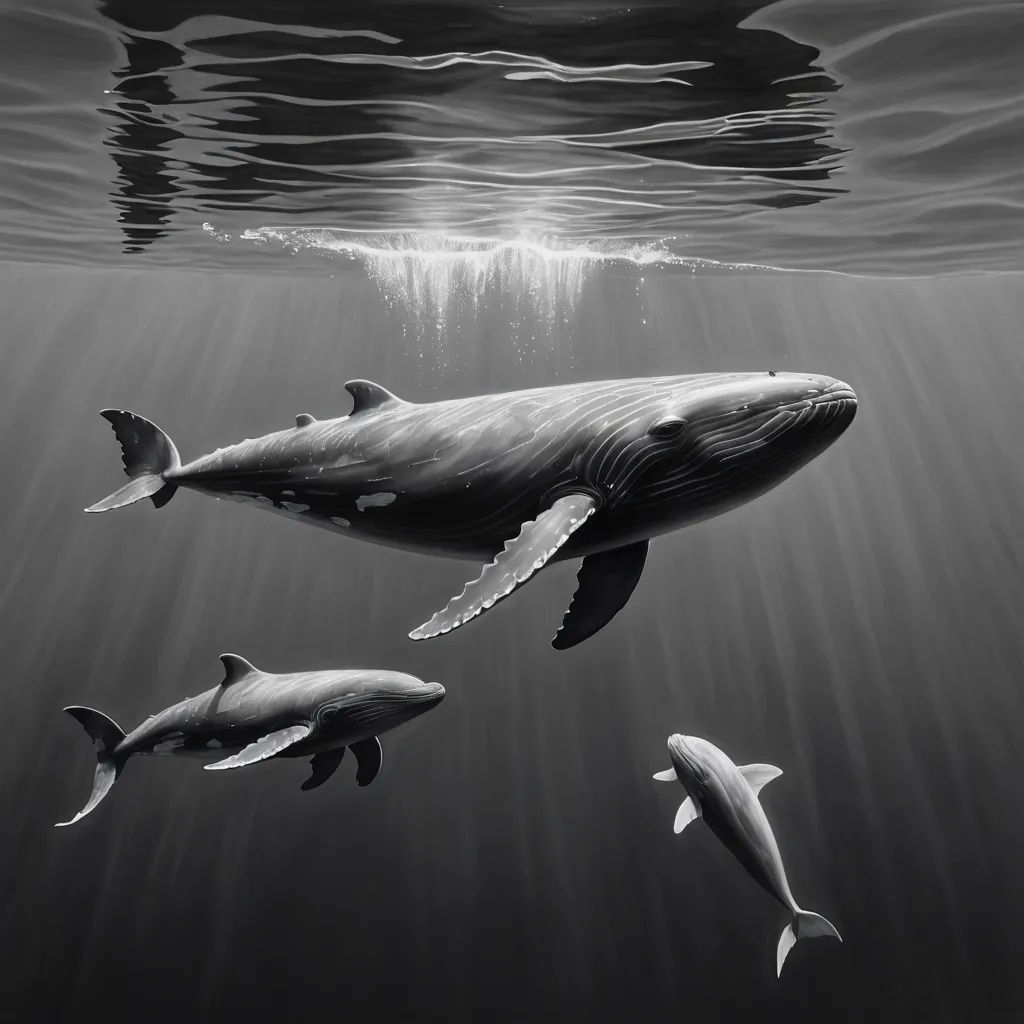 a whale and two dolphins swimming in the ocean together, with a sunbeam in the background and a wave coming from the water, photorealism, an ultrafine detailed painting, David Martin, highly detailed digital painting