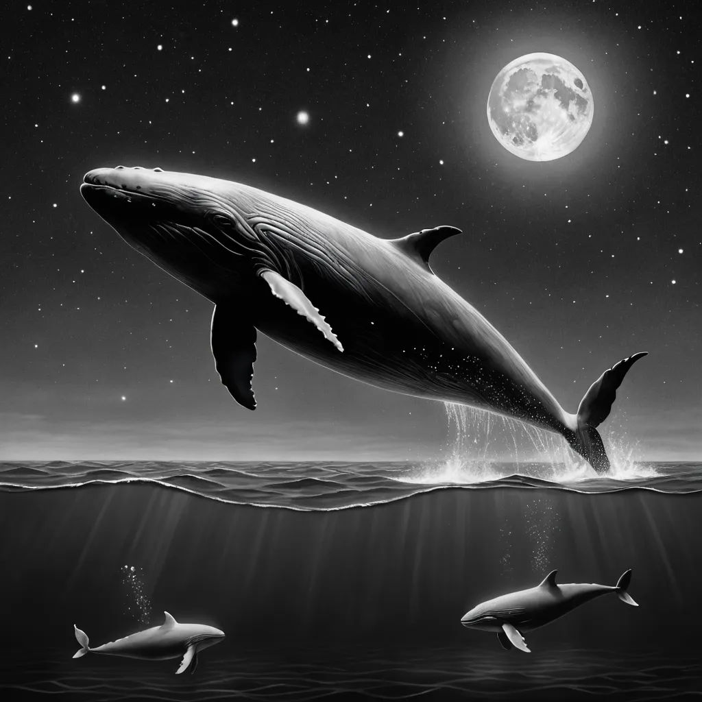 a whale jumping out of the water at night with a full moon in the background and a full moon in the sky, magical realism, a storybook illustration, Dan Hillier, detailed illustration